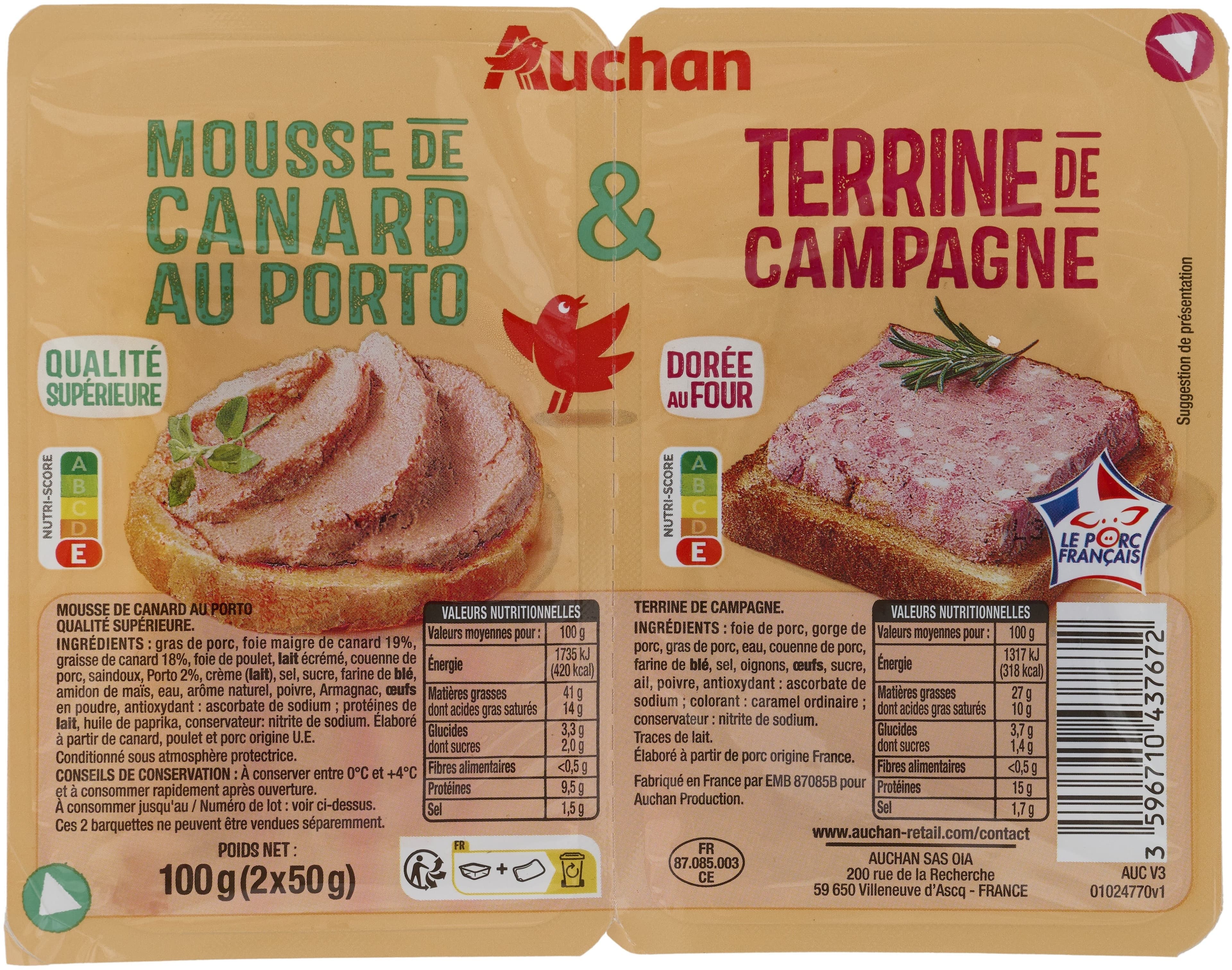 Auchan Terrine de campagne dorée au fourMousse de canard au Porto packshot