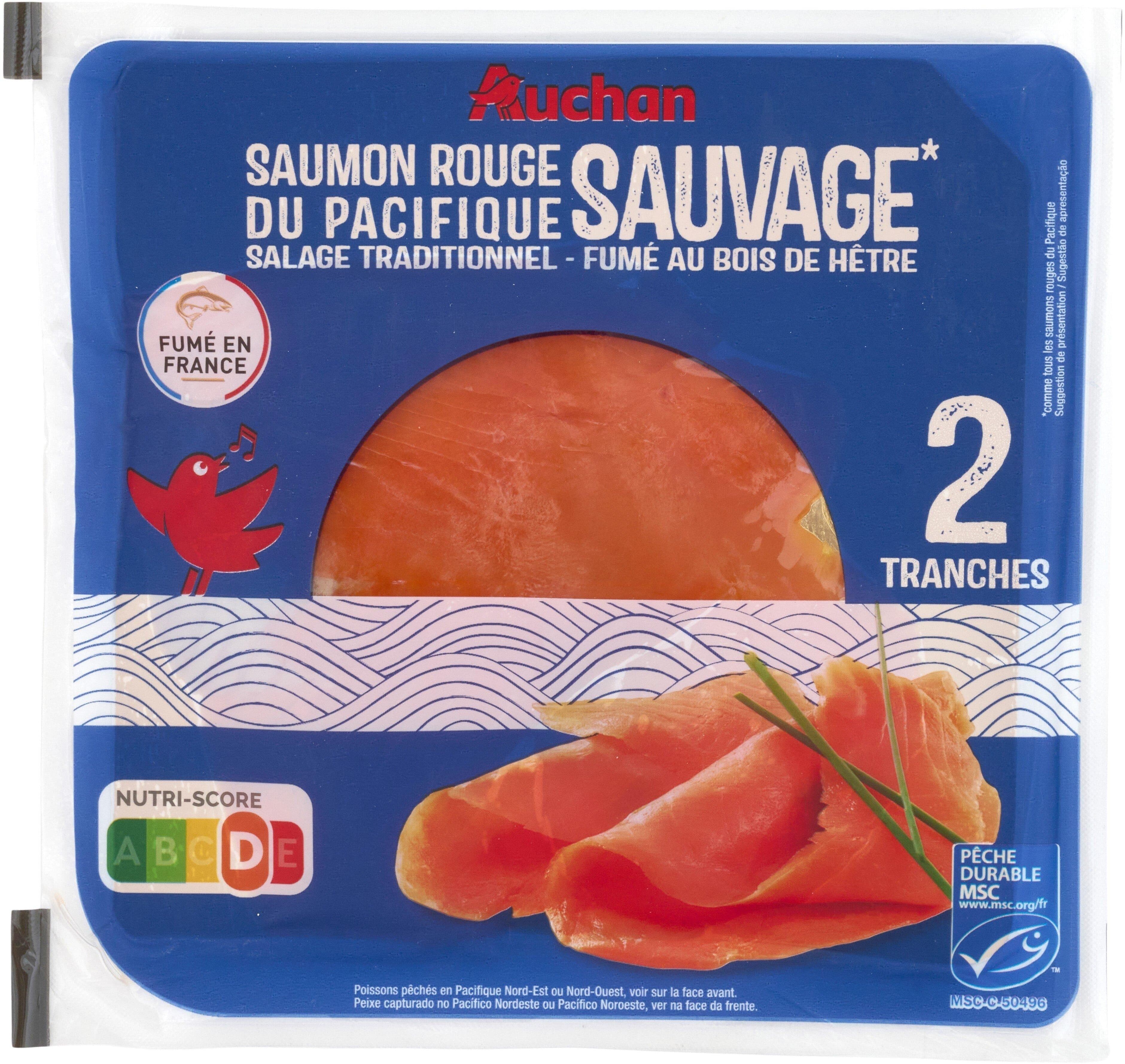 Auchan Saumon rouge du Pacifique - sauvage*Salage traditionnel - Fumé au bois de hêtrePoissons pêchés en Pacifique Nord-Est ou Nord-Ouest, voir sur la face avant packshot