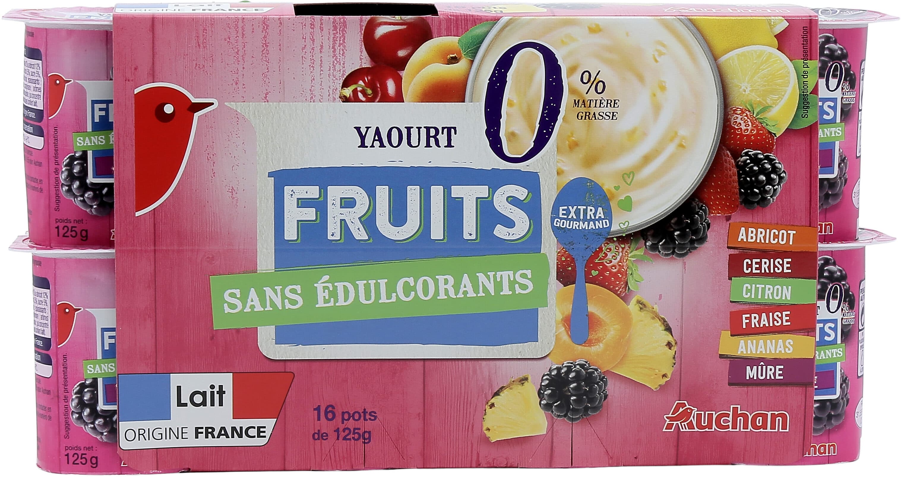 Auchan Yaourt fruits sans édulcorants 0 % matière grasse extra gourmand, lait origine France, saveur abricot, cerise, citron, fraise, ananas et mûre x16 packshot