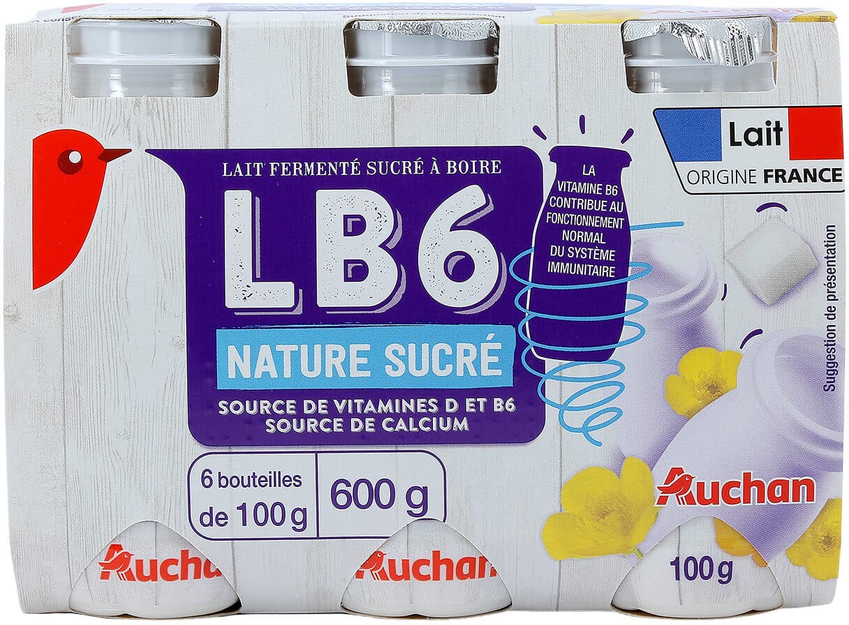 Auchan Lait fermenté à boire LB6 nature sucrésource de calciumsource de vitamines D et B6 packshot