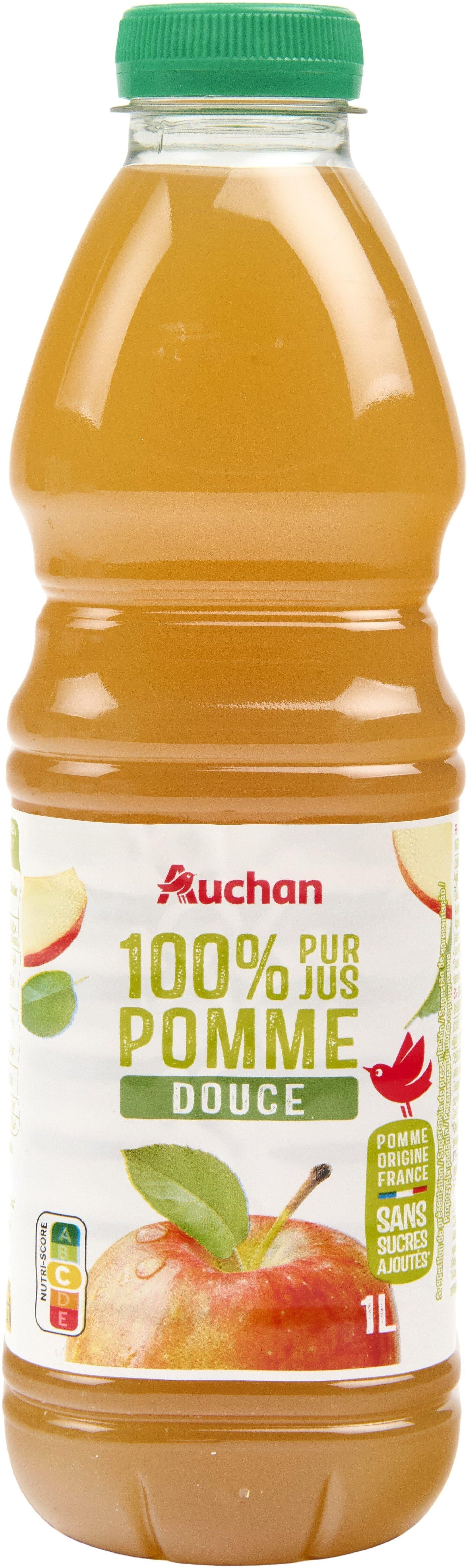 Auchan 100% PUR JUS - POMME DOUCE Sans sucres ajoutés** Comme tous les jus de fruits. Contient les sucres naturellement présents dans les fruits. packshot