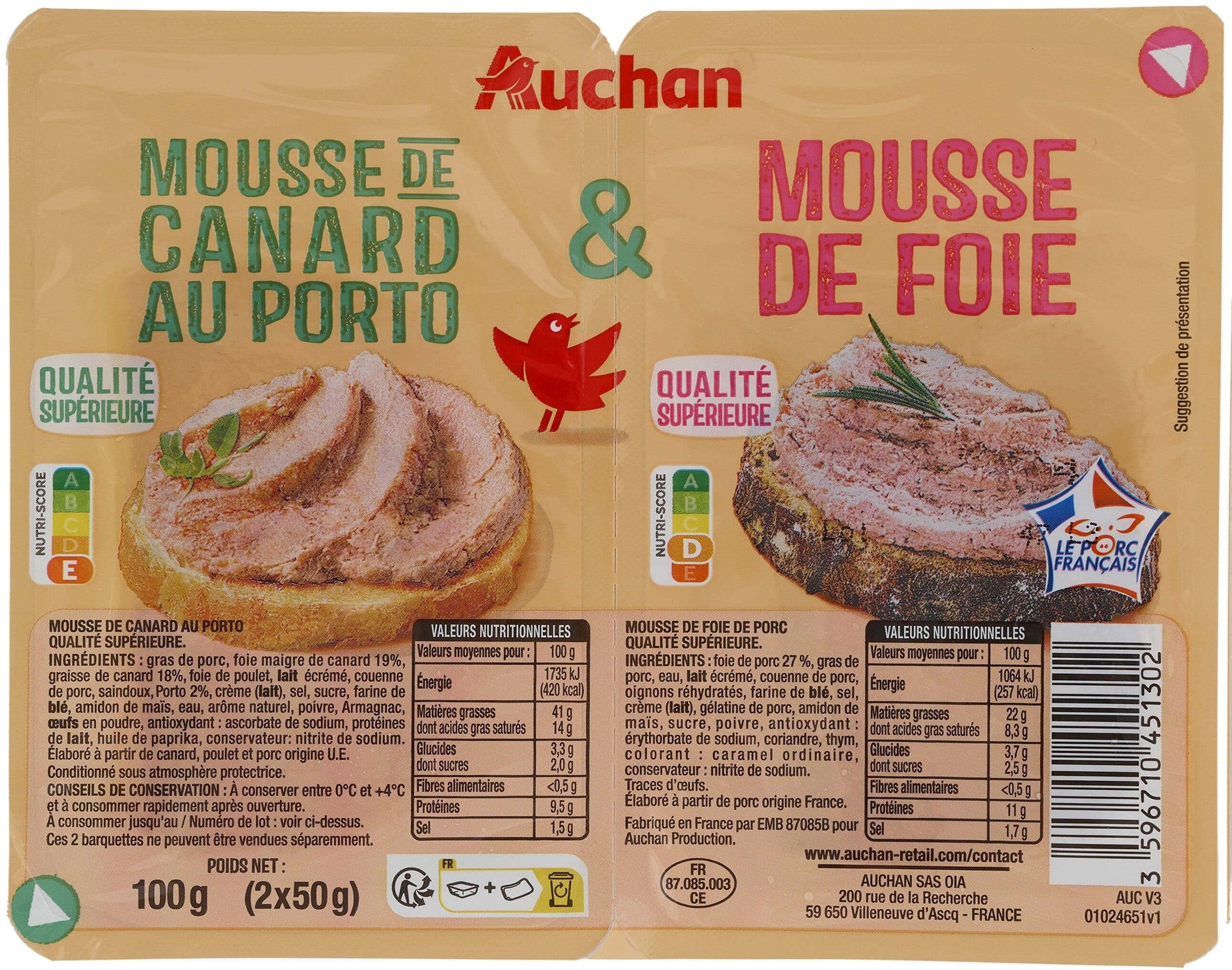 Auchan Mousse de foie de porcMousse de canard au Porto packshot