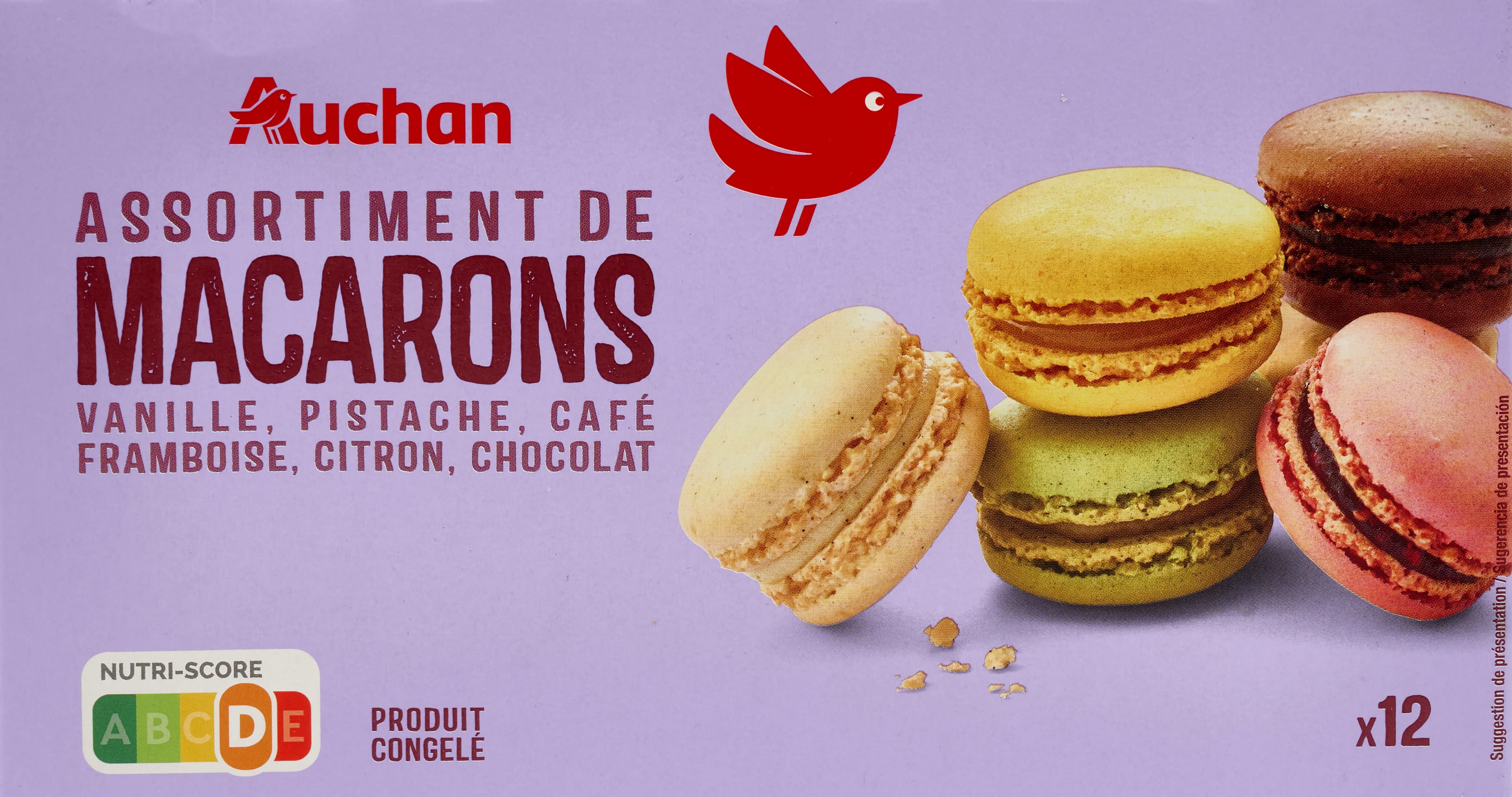 Auchan Assortiment de macarons : vanille, pistache, café, framboise, citron, chocolat packshot