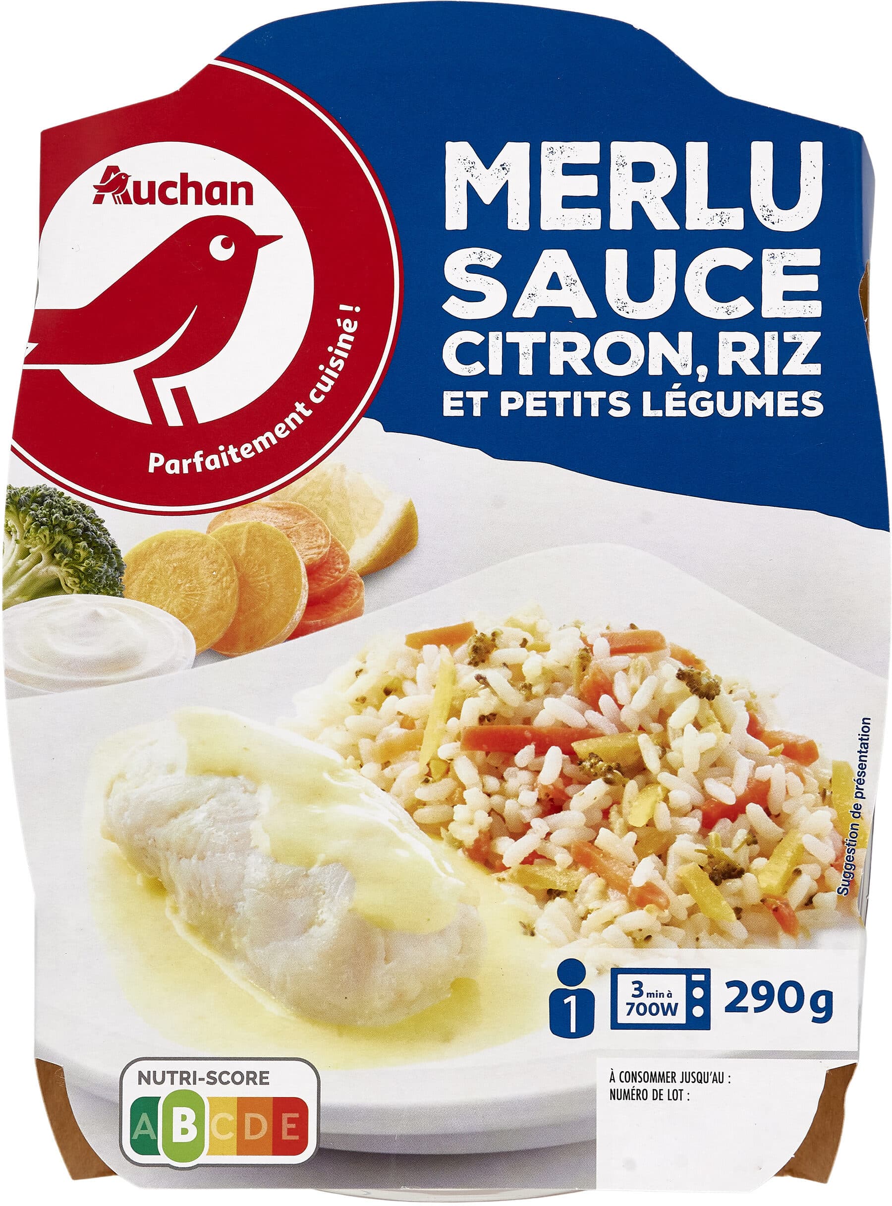 Auchan Merlu sauce citron, riz et petits legumes packshot