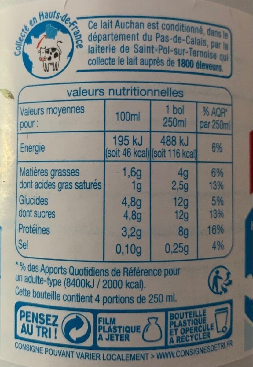 Auchan Lait demi écrémé Hauts de France packshot