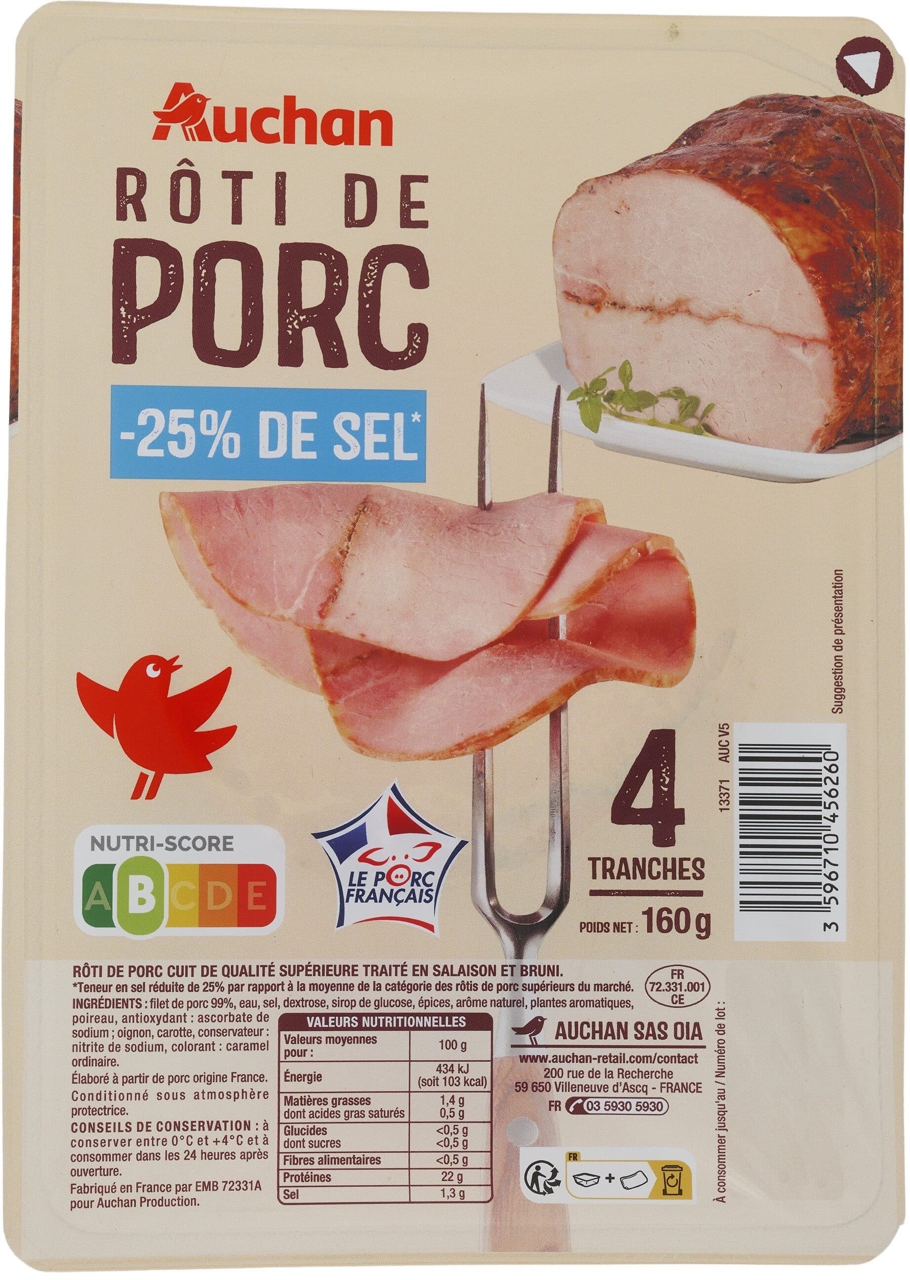 Auchan Rôti de porc -25% de sel packshot