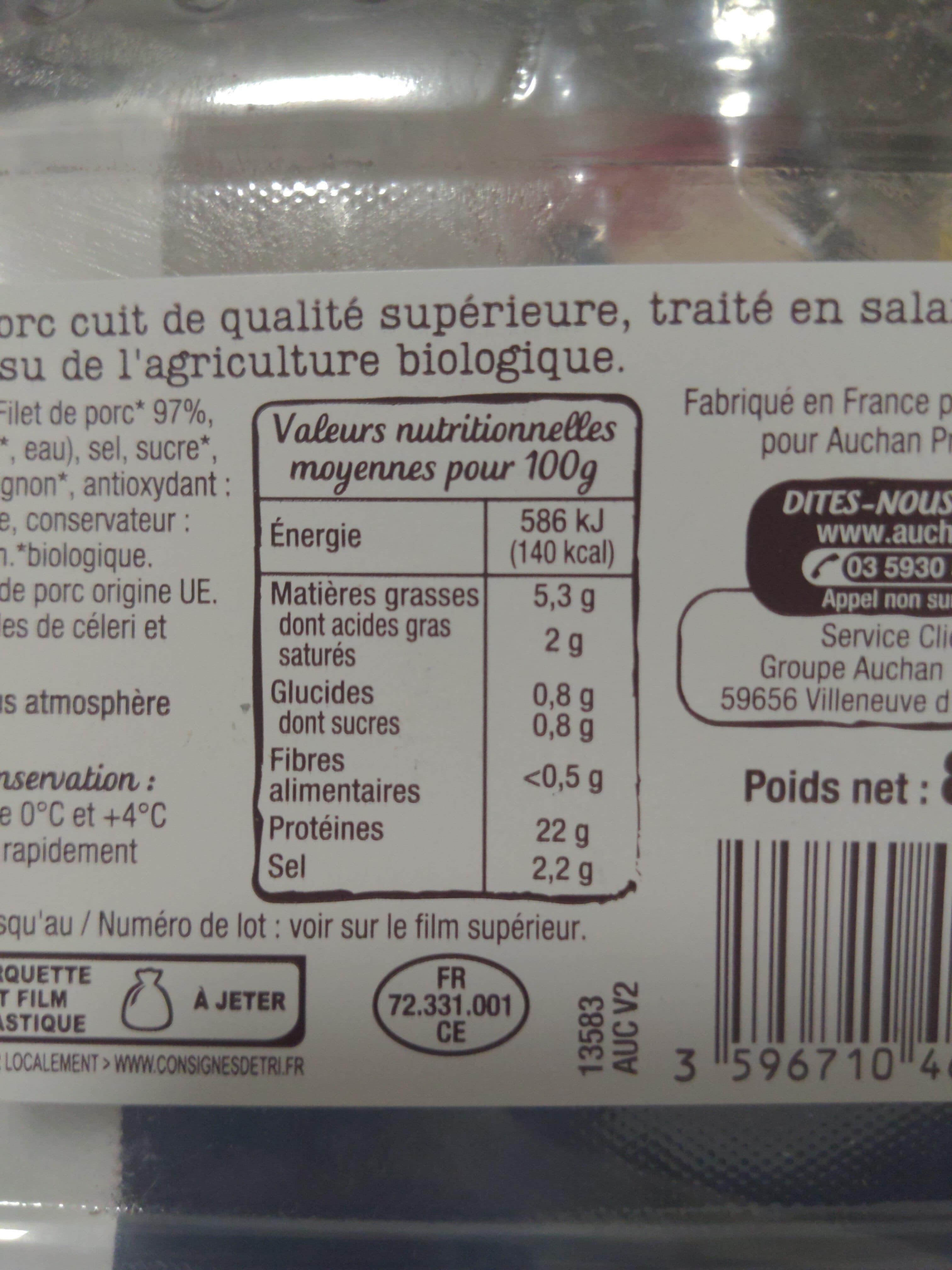 Auchan Rôti de porc cuit, issu de l'agriculture biologique packshot