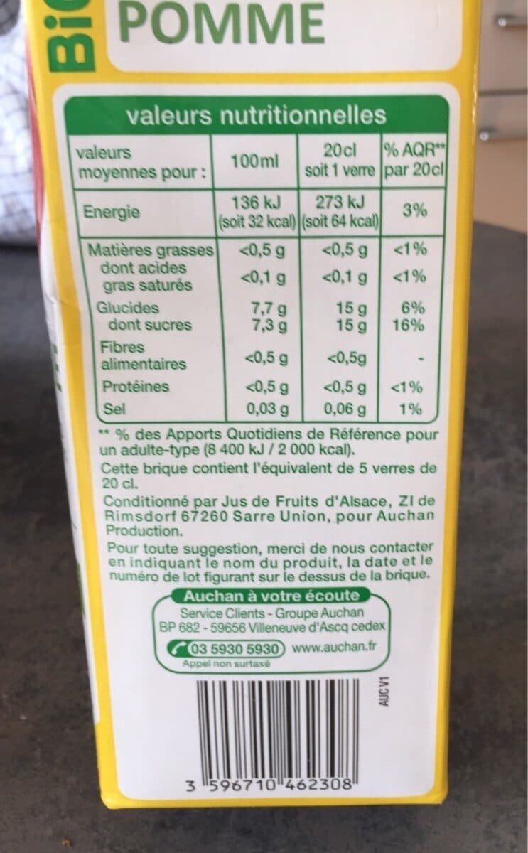 Auchan Bio - Nectar pomme sans sucres ajoutés*A base de concentréteneur en fruits 75% minimum*Contient les sucres naturellement présents dans les fruits. packshot