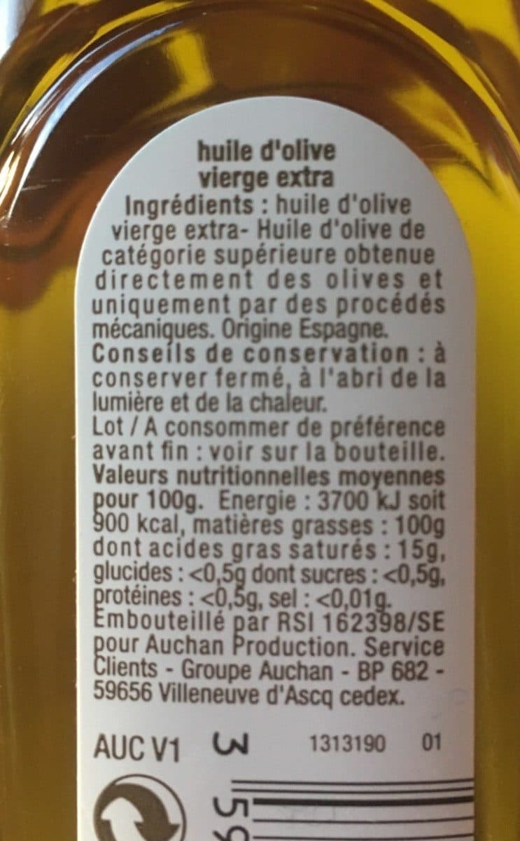 Auchan Huile d'olive vierge extra. Origine: Espagne packshot