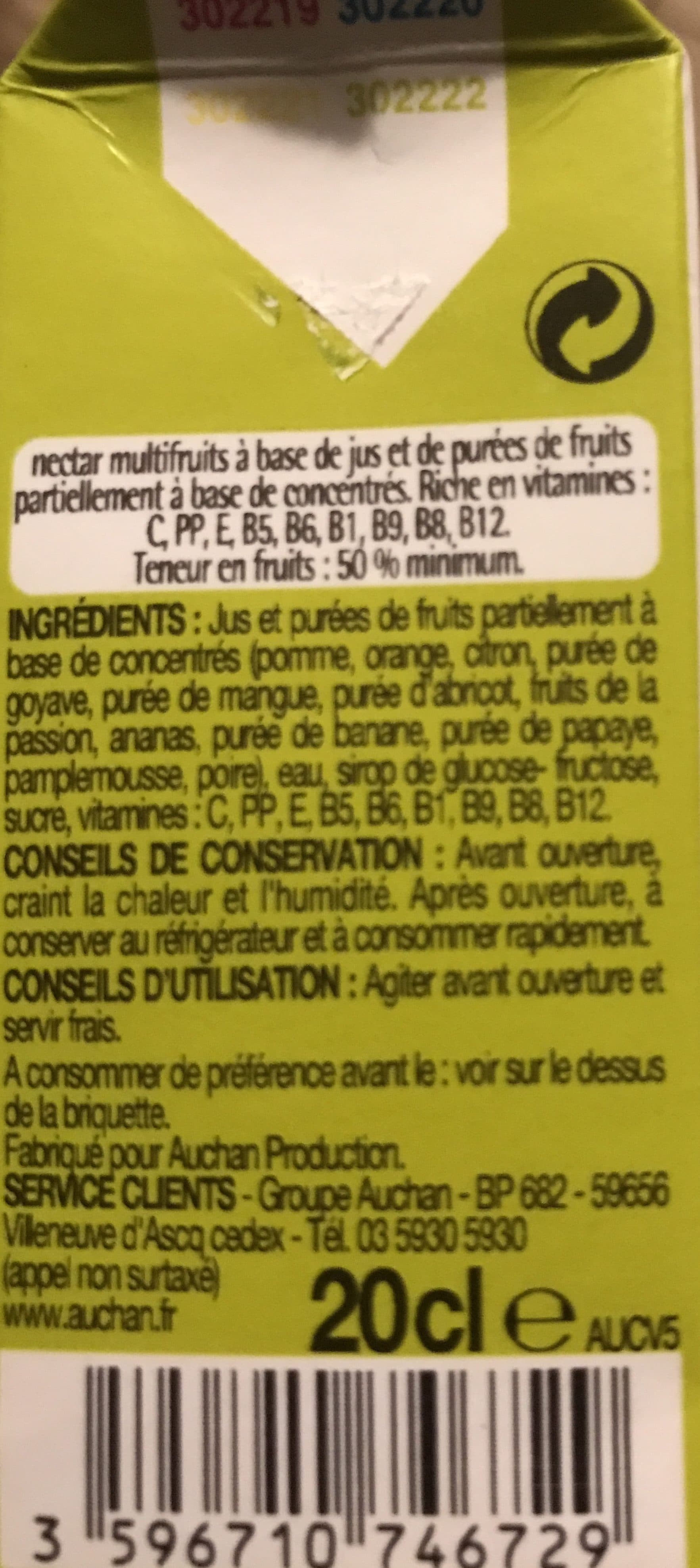 Auchan Nectar multifruits à base de concentrés. Teneur en fruits : 50 % minimum. packshot