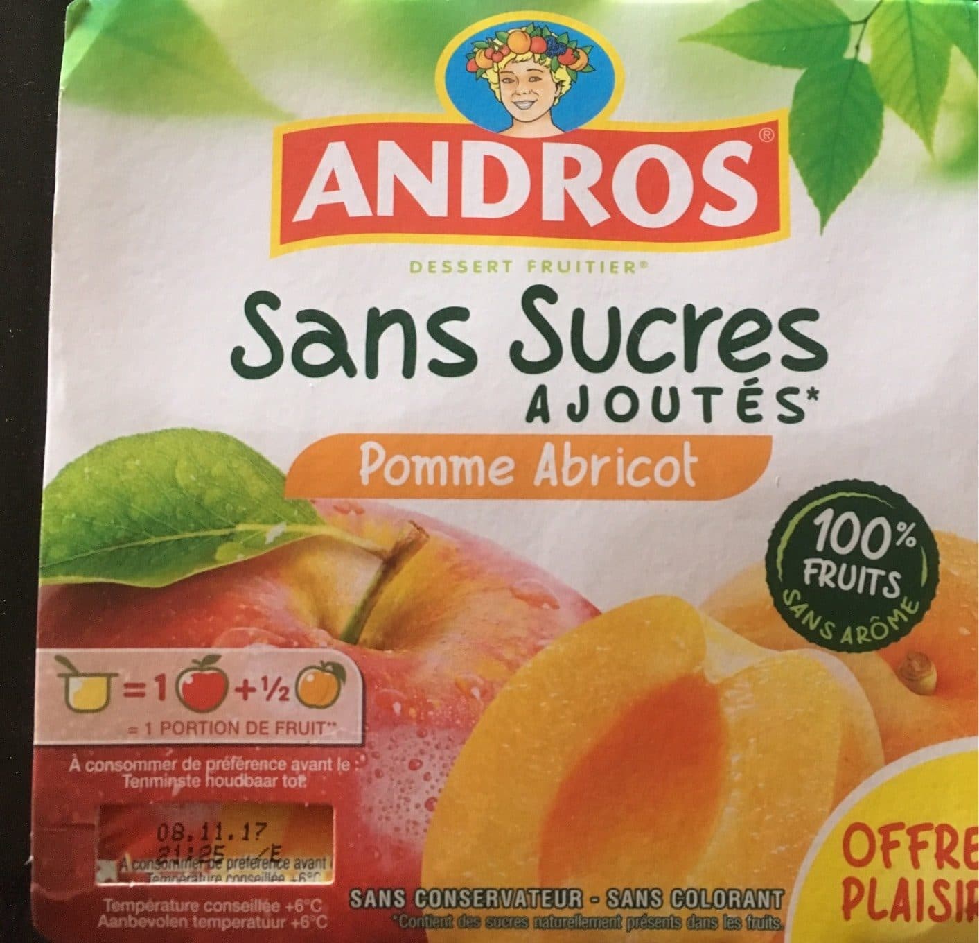 Andros Dessert fruitier pomme abricot sans sucres ajoutés packshot