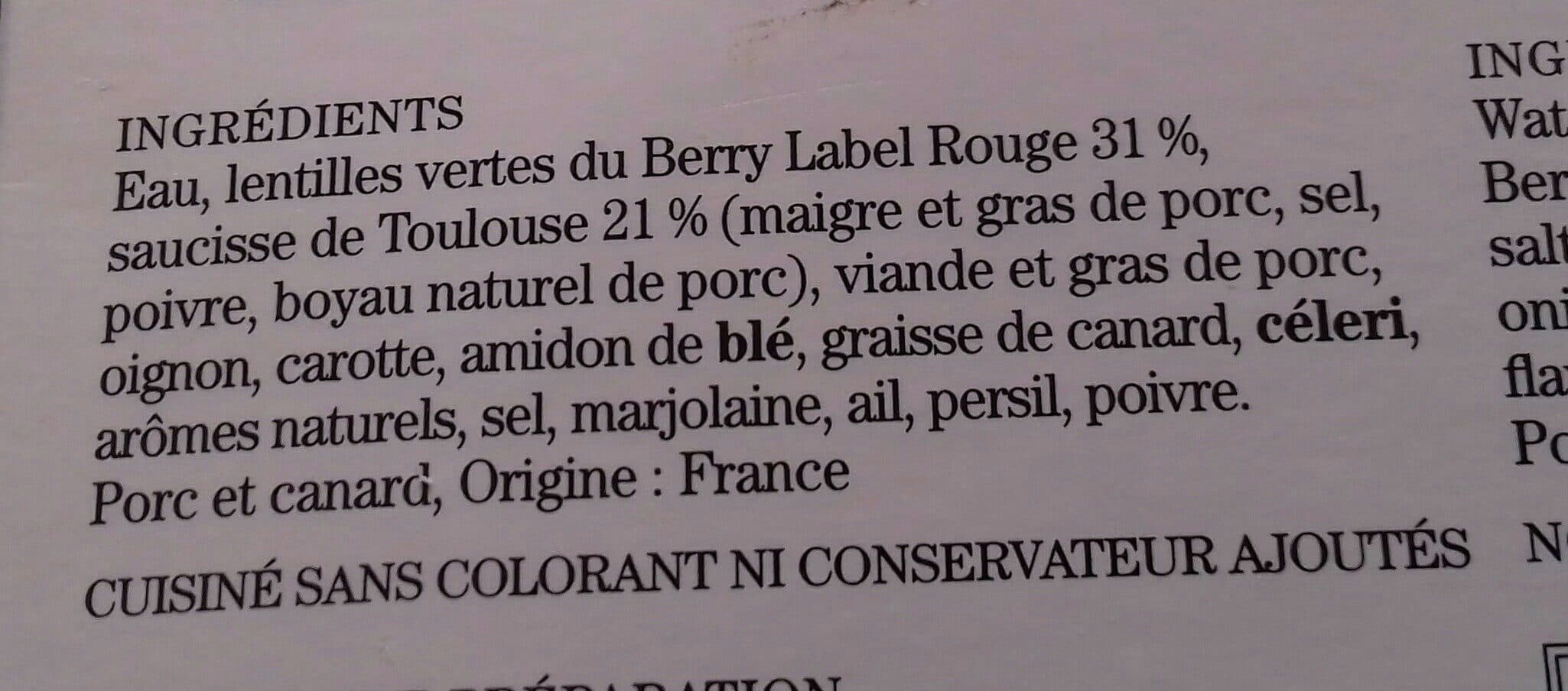 Comtesse du Barry La saucisse de Toulouse braisée aux lentilles vertes du Berry packshot