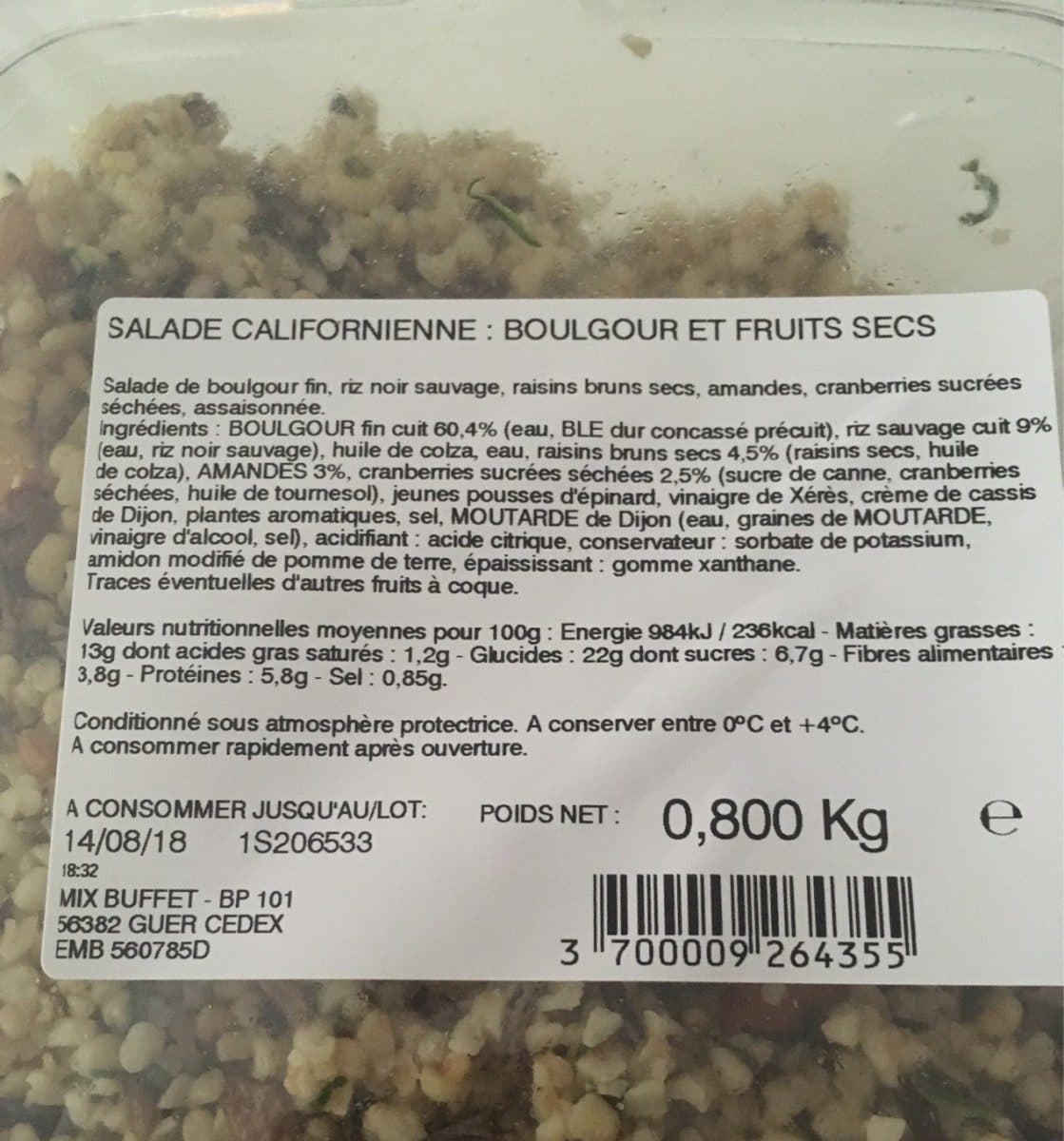 Open Food Facts salade californienne : boulgour et fruits secs packshot