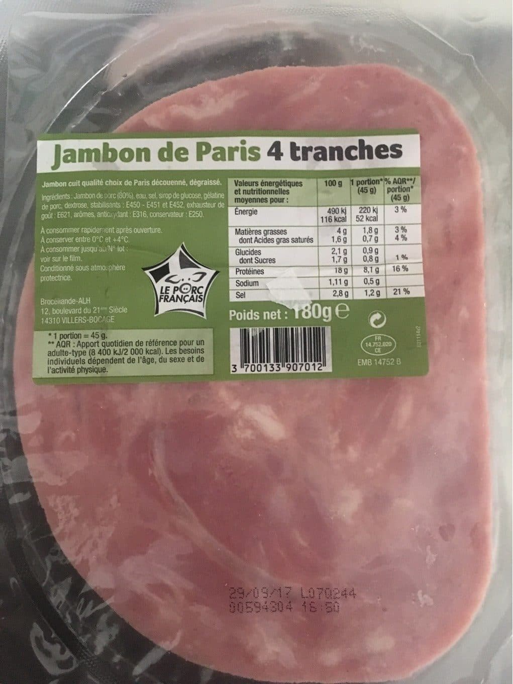 Broceliande-ALH Jambon de Paris 4 tranches packshot