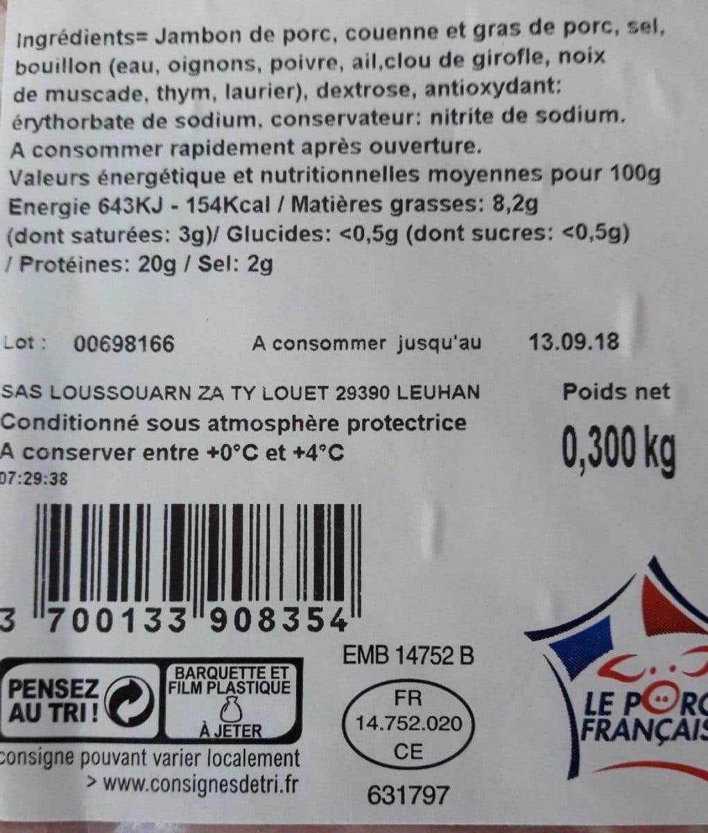 Open Food Facts Jambon cuit supérieur avec couenne packshot