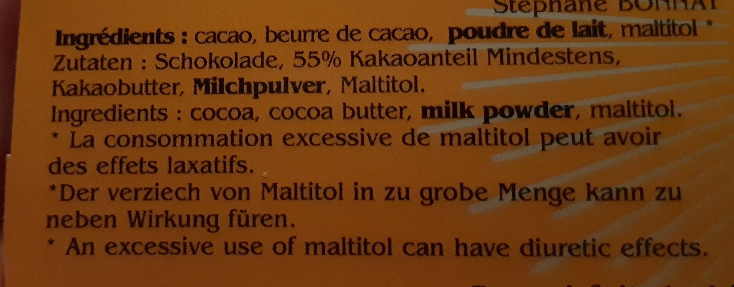 Chocolat Bonnat Chocolat Bonnat chocolat au lait "sans sucre ajouté" cacao 55 % packshot