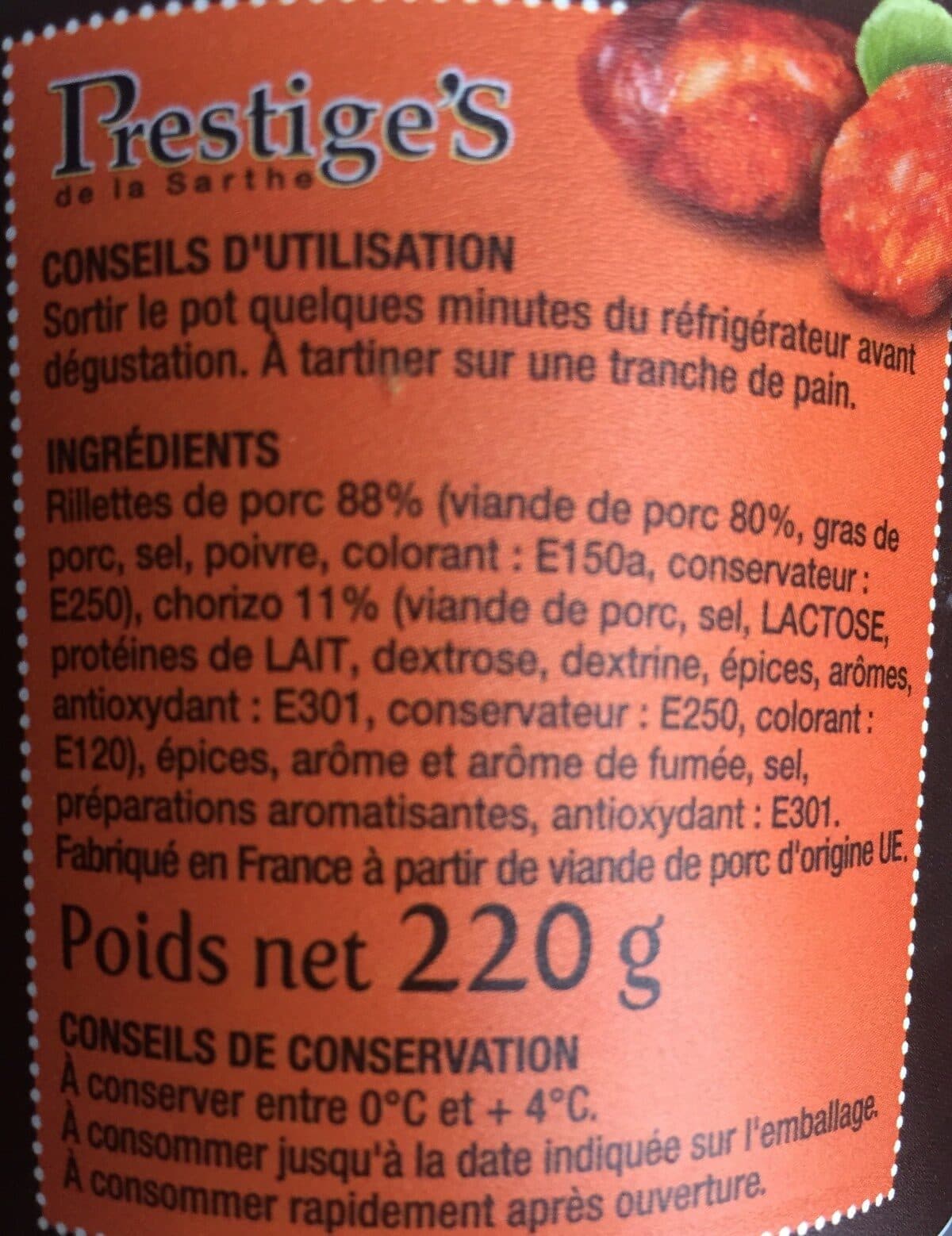 Open Food Facts Rillettes au chorizo PRESTIGE'S, pot packshot