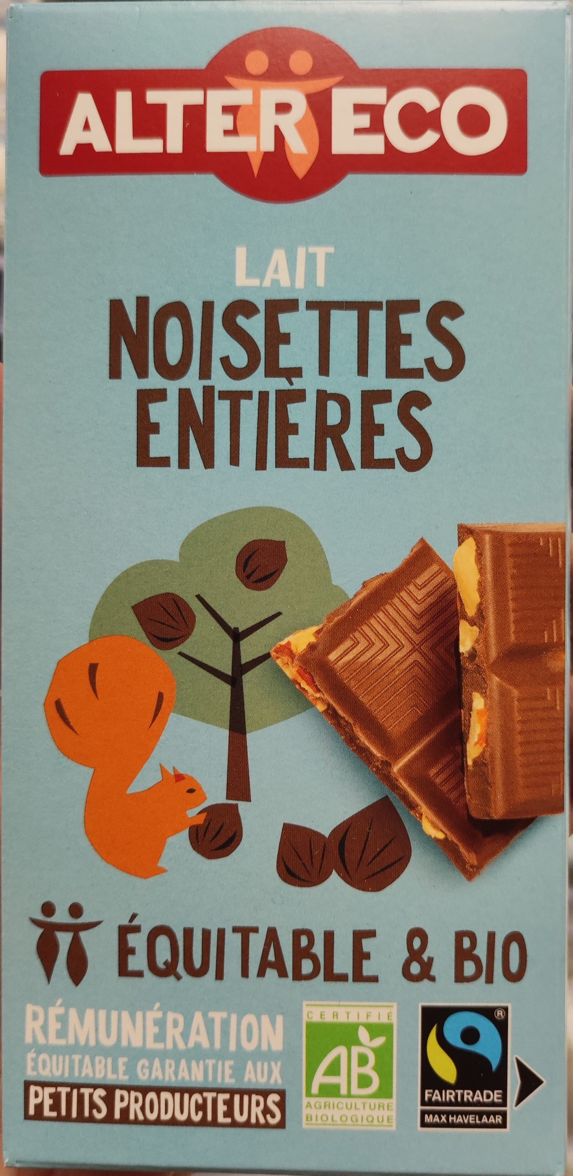 Alter Eco Tablette de chocolat au lait et noisettes entières bio packshot