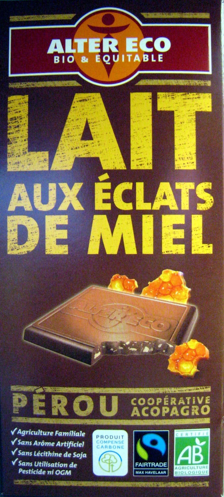 Alter Eco Chocolat Lait aux éclats de miel Bio Alter Eco packshot