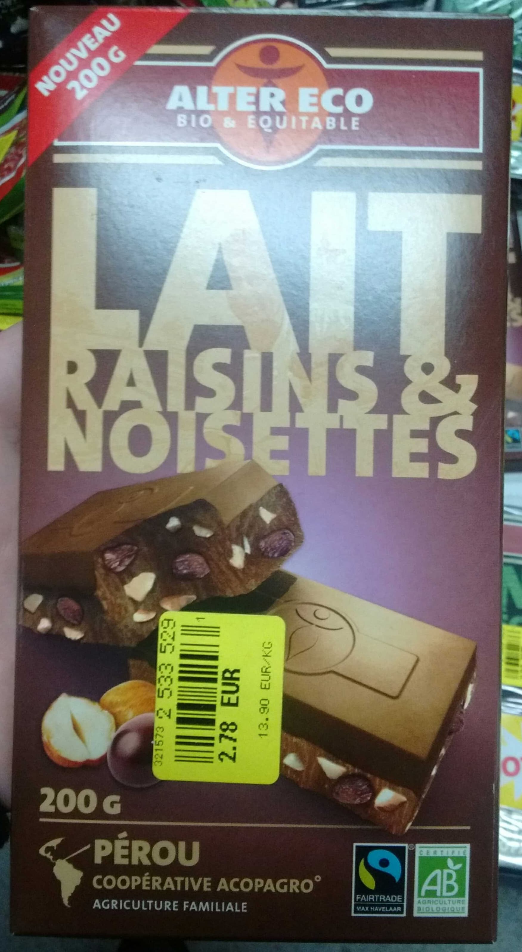 Alter Eco Lait Raisins & Noisettes Pérou packshot