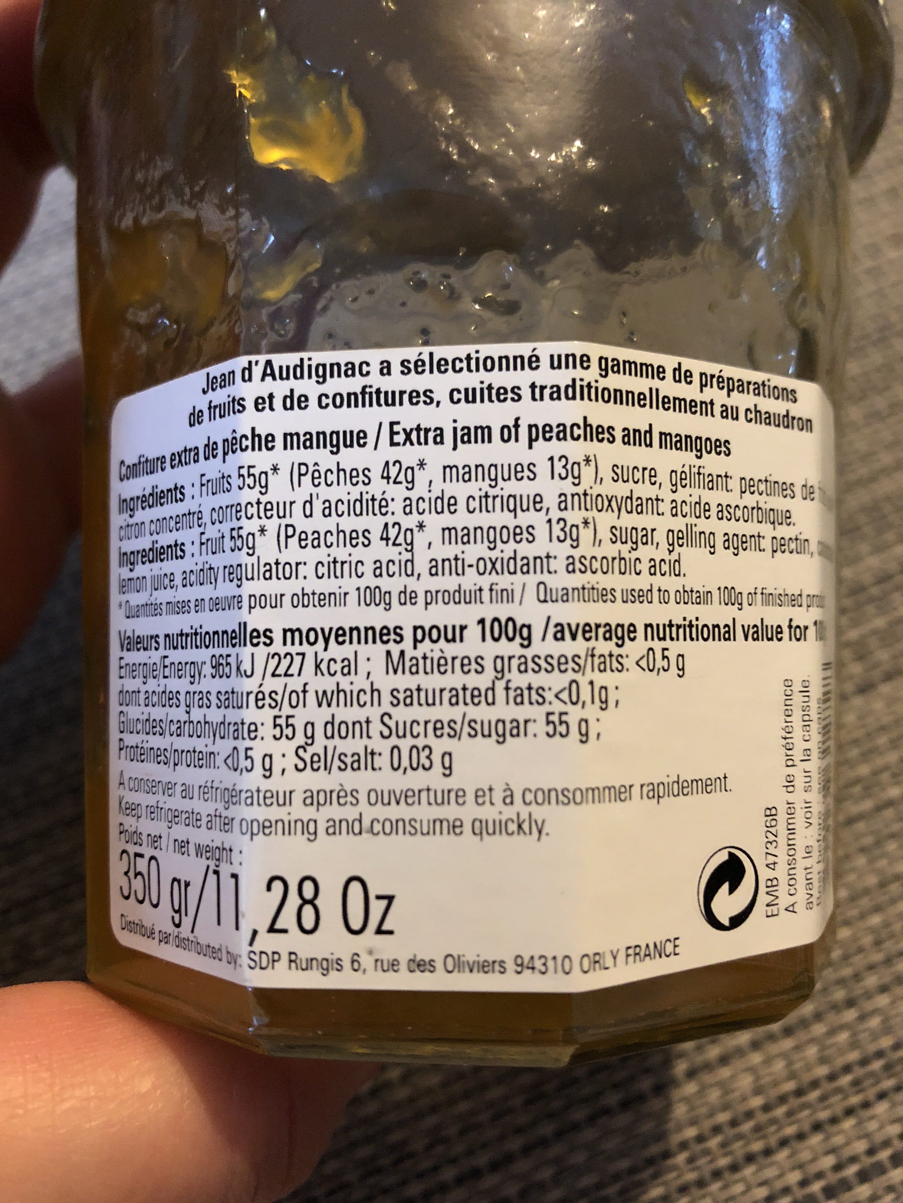 Jean D’Audignac Confiture extra Peches et Mangues cuite au chaudron packshot