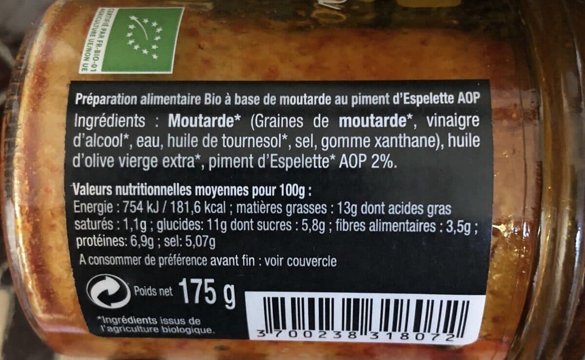 Jean d'Audignac Moutarde bio au piment d'espelette packshot