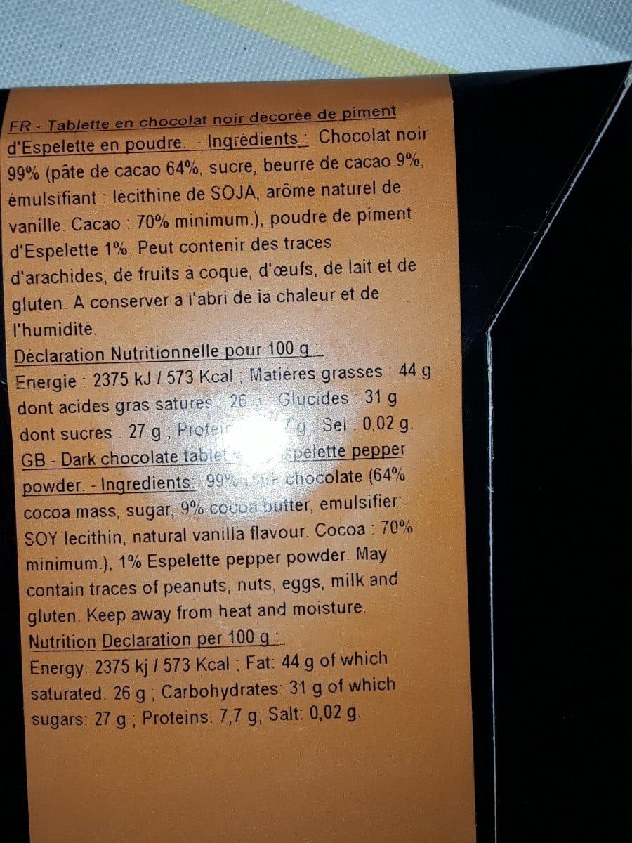 Open Food Facts Chocolat noir au piment d'espelette packshot
