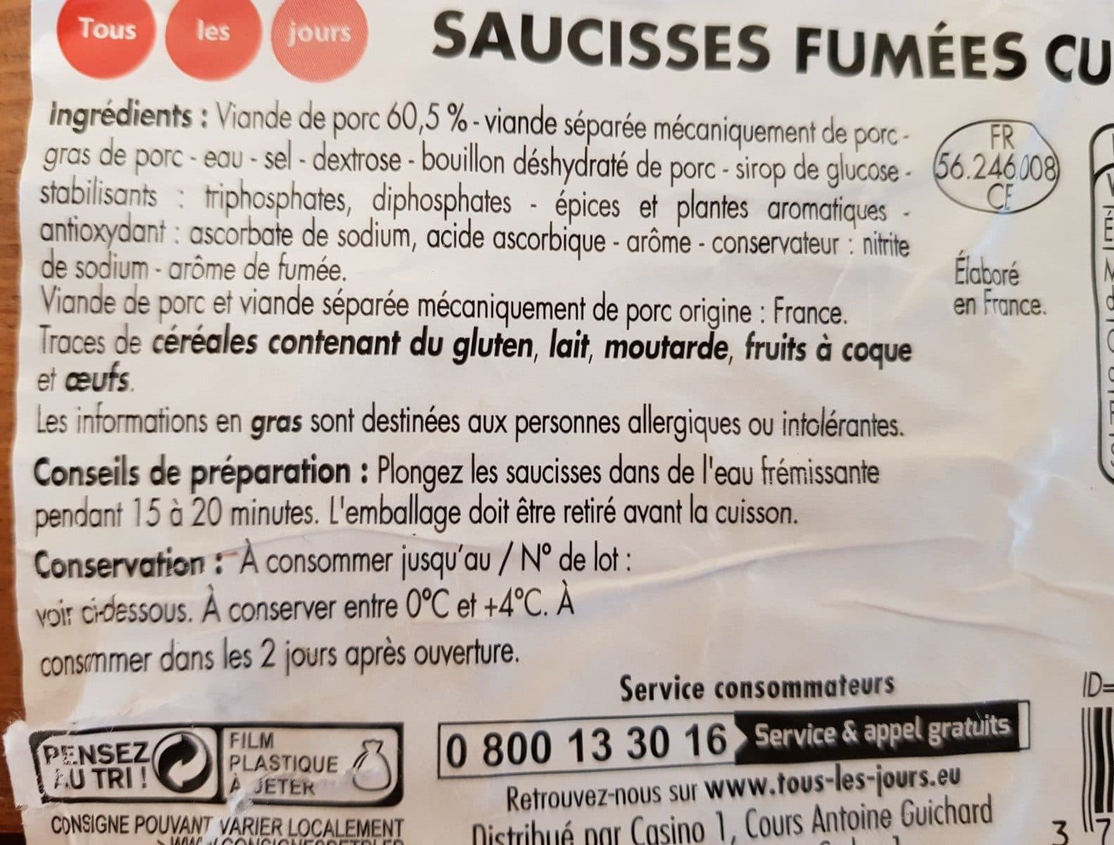 Tous les jours 6 Saucisses fumées cuites packshot