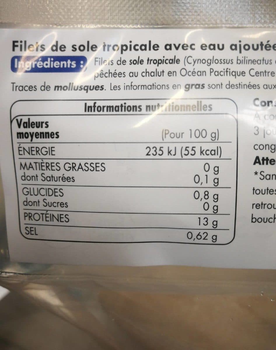Casino Filets de sole tropicale avec eau ajoutée surgelés sachet + rider packshot