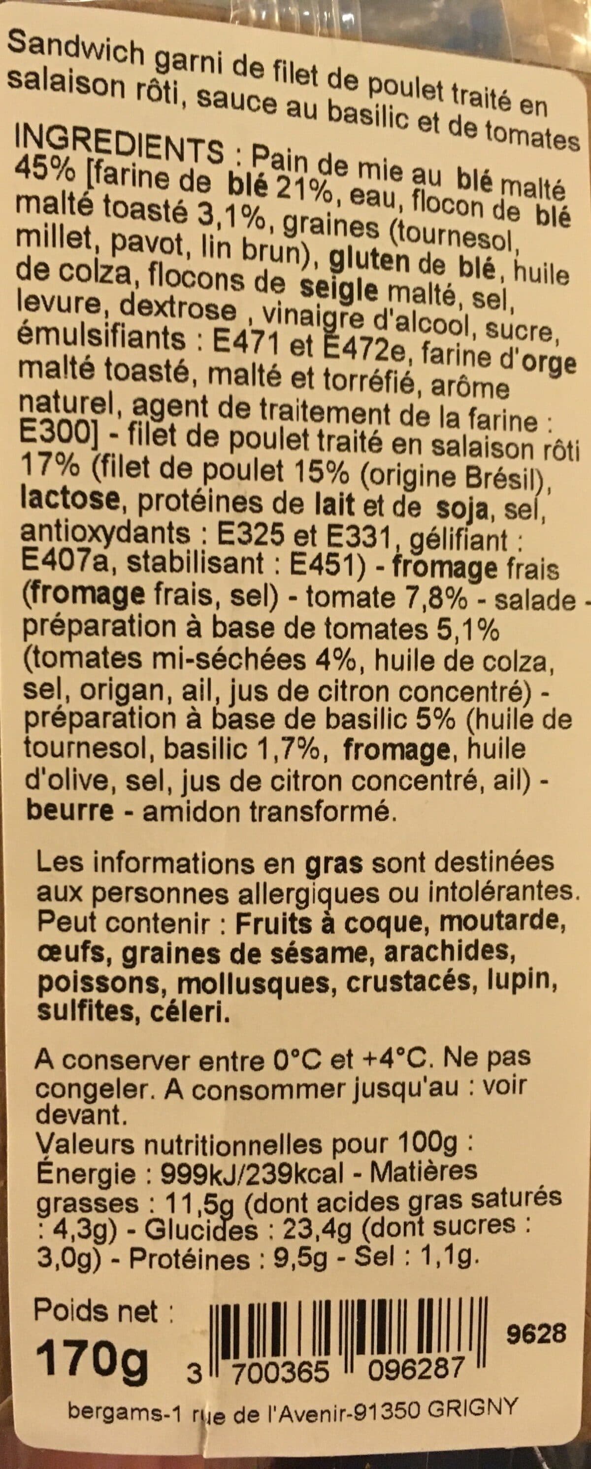 Open Food Facts Club poulet tomates pesto packshot