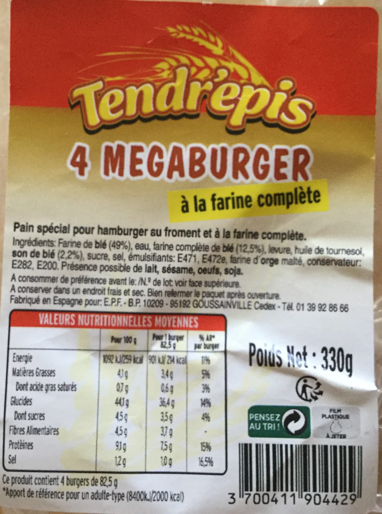 Tendr'epis Megaburger à la farine complète packshot
