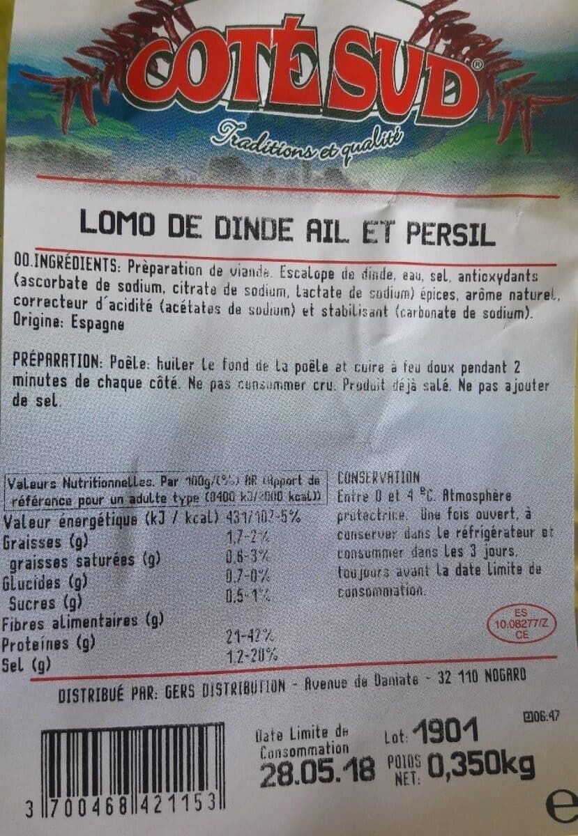 Open Food Facts Lomo de Dinde Ail et Persil packshot