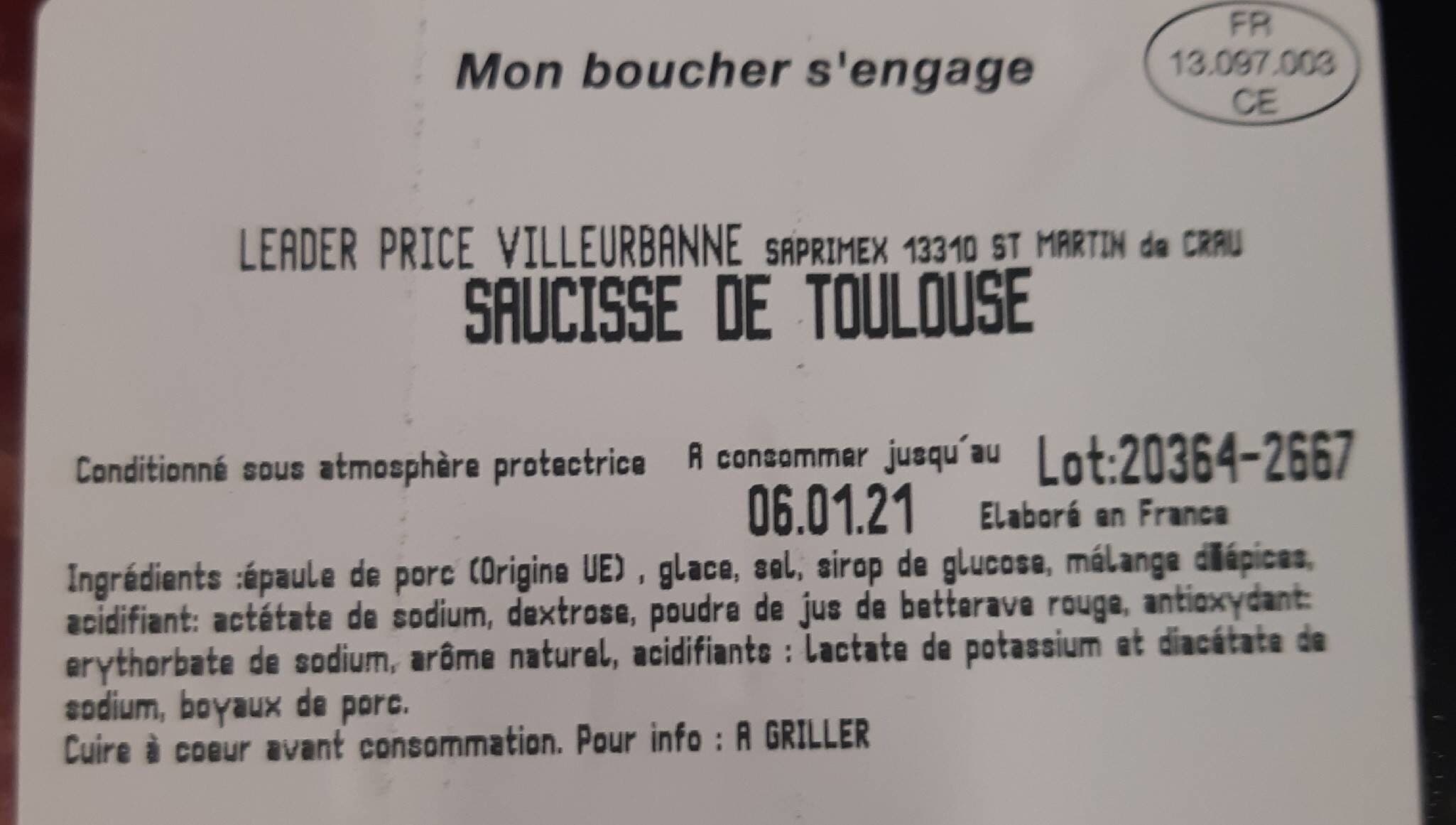 Leader Price Saucisse de toulouse packshot