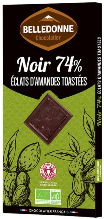 Belledonne Tablette chocolat noir 74% éclats d'amandes toastées packshot