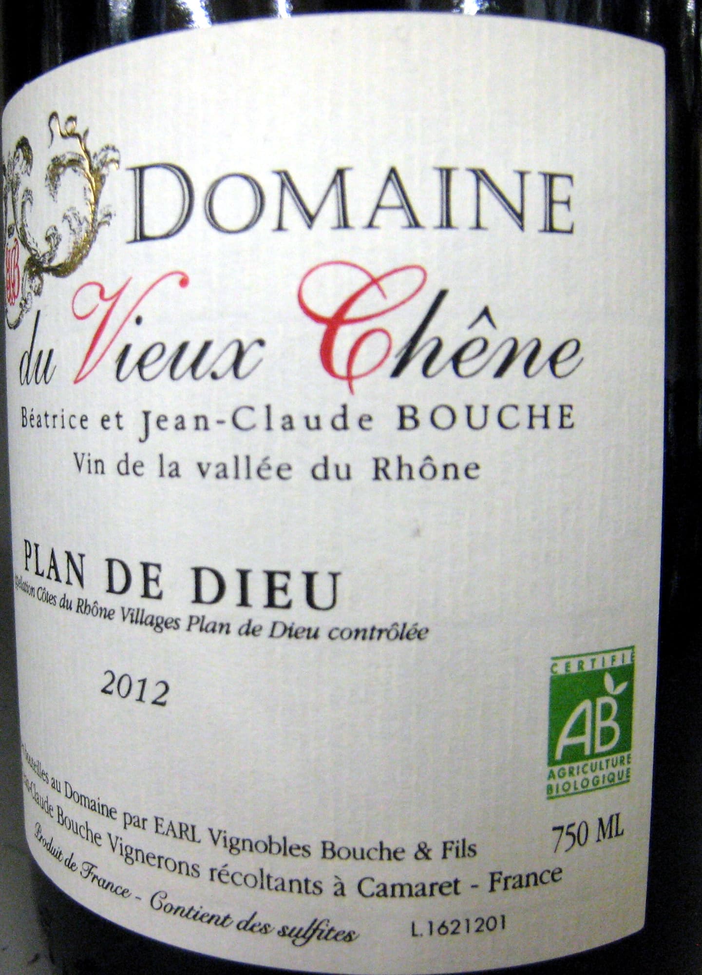 Domaine du Vieux Chêne Côtes du Rhône Villages Plan de Dieu AOC 2012 Bio Domaine du Vieux Chêne packshot