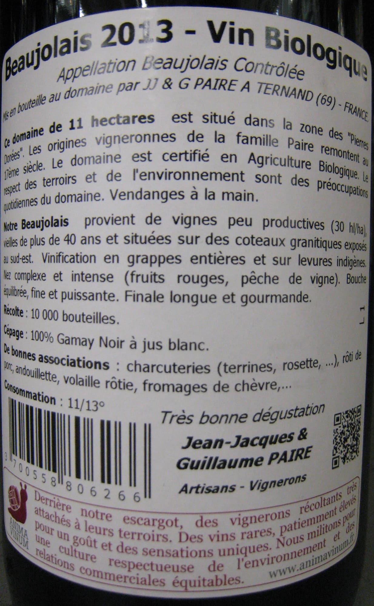 Domaine Paire Beaujolais AOC 2013 Bio Domaine Paire packshot
