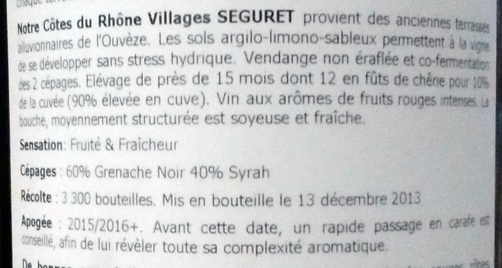 La Fontaine des Fées Séguret cuvée 2012 (14.5%) packshot