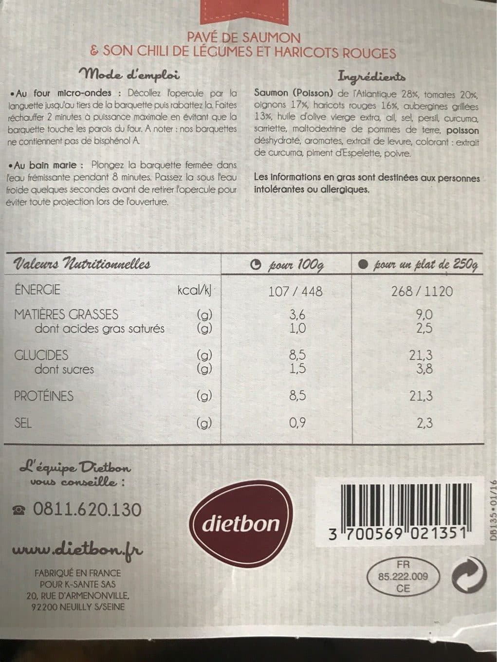 Dietbon Pavé de Saumon et son Chili de légumes, et haricots rouges packshot