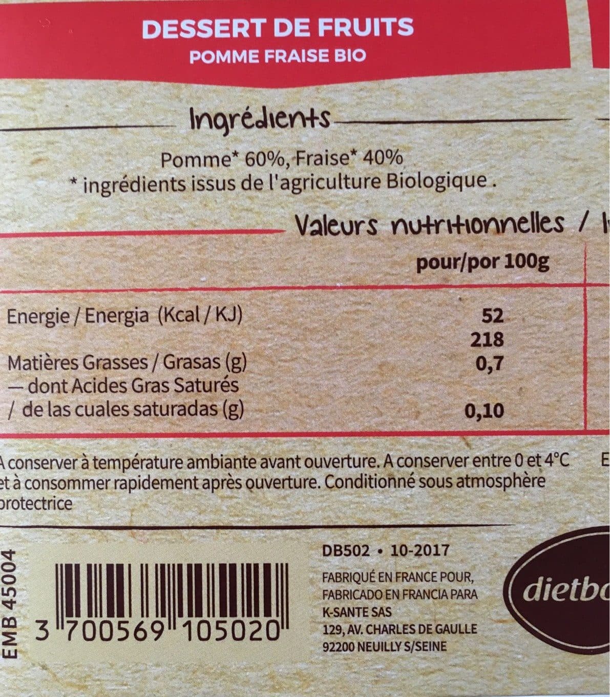 Dietbon Dessert Pomme Fraise Bio packshot
