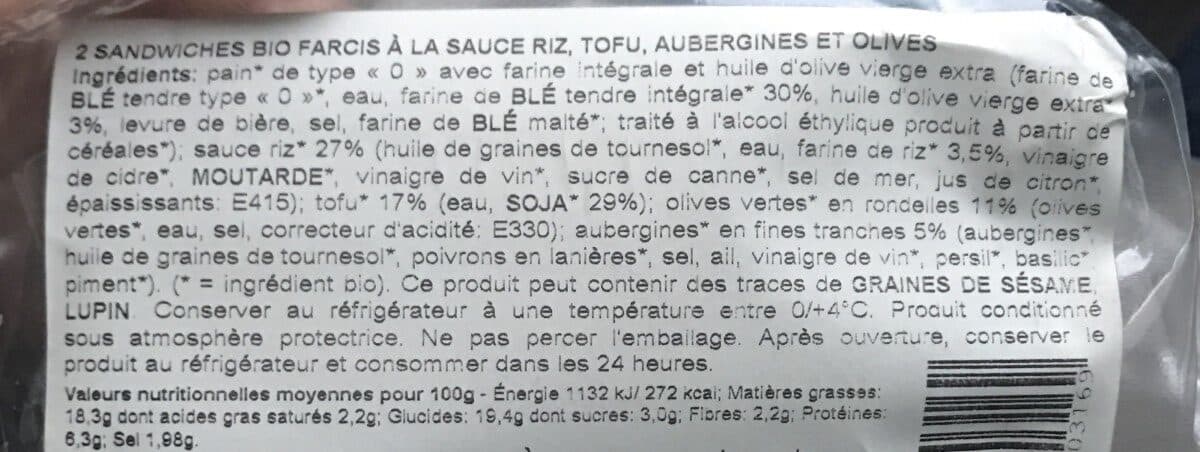 Open Food Facts Sandwich aubergine, tofu et olives vertes packshot
