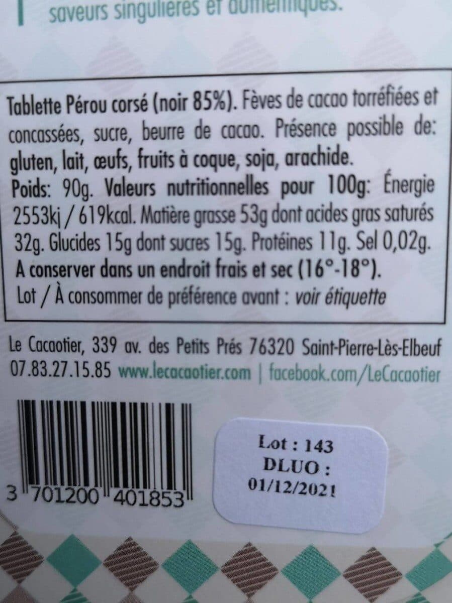 Le Cacaotier Pérou corsé noir 85% packshot