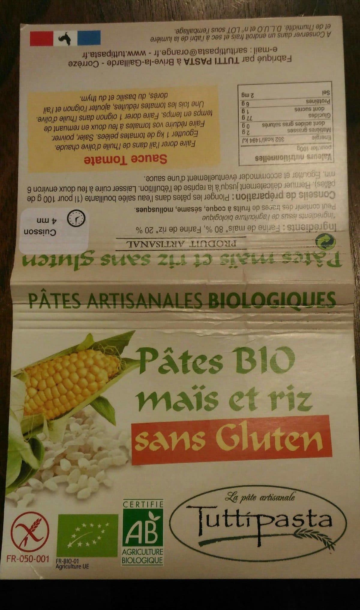 Tuttipasta Pâtes BIO maïs et riz sans Gluten packshot