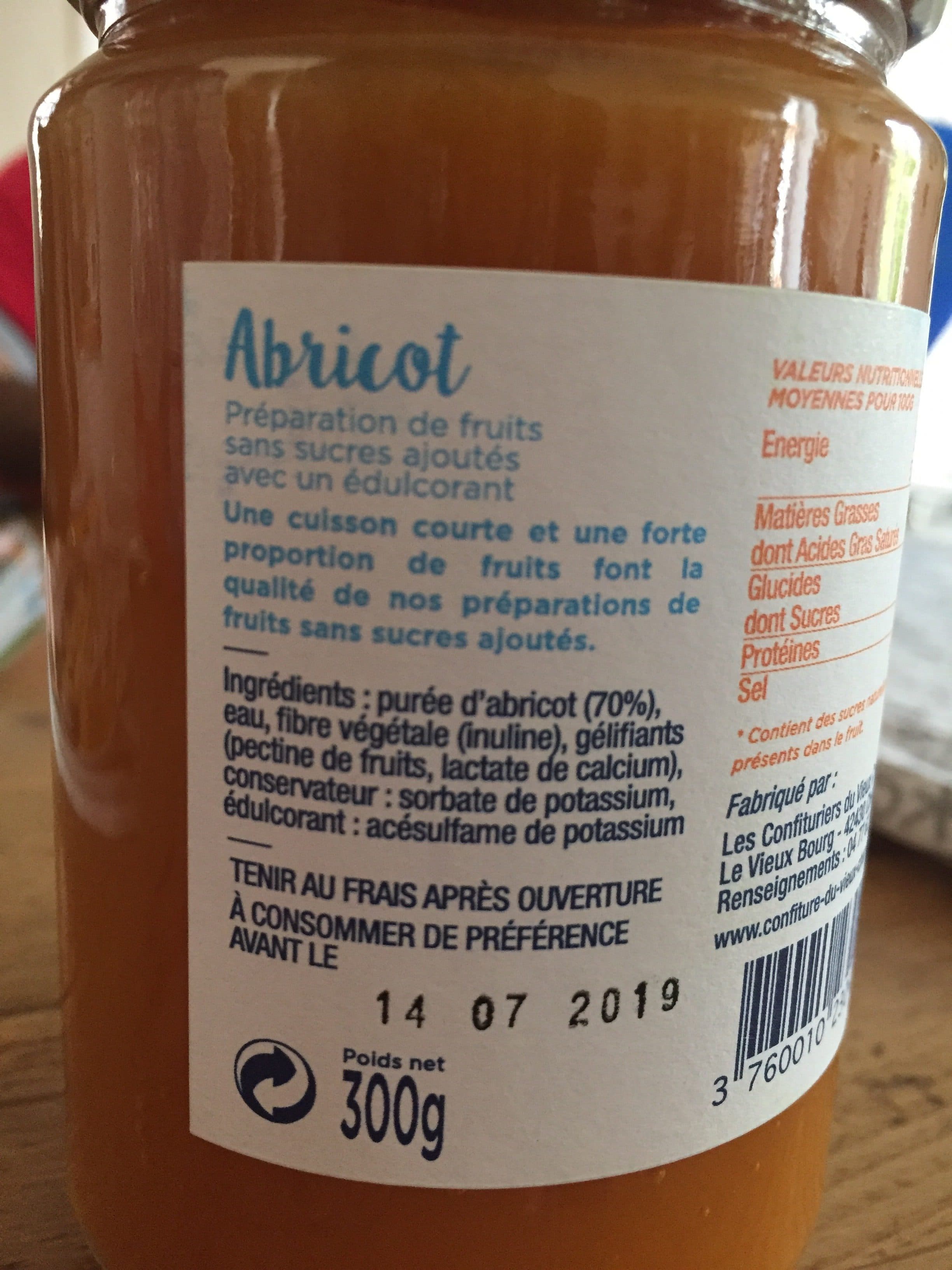 Les Confitures du Vieux Chêrier Preparation sans sucre ajoute abricot packshot