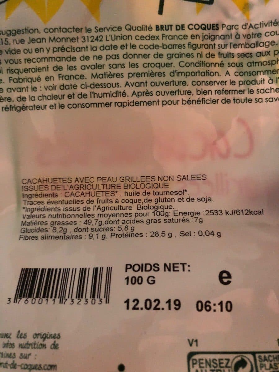 Brut de coques Cacahuètes grillées sans sel ajouté bio packshot
