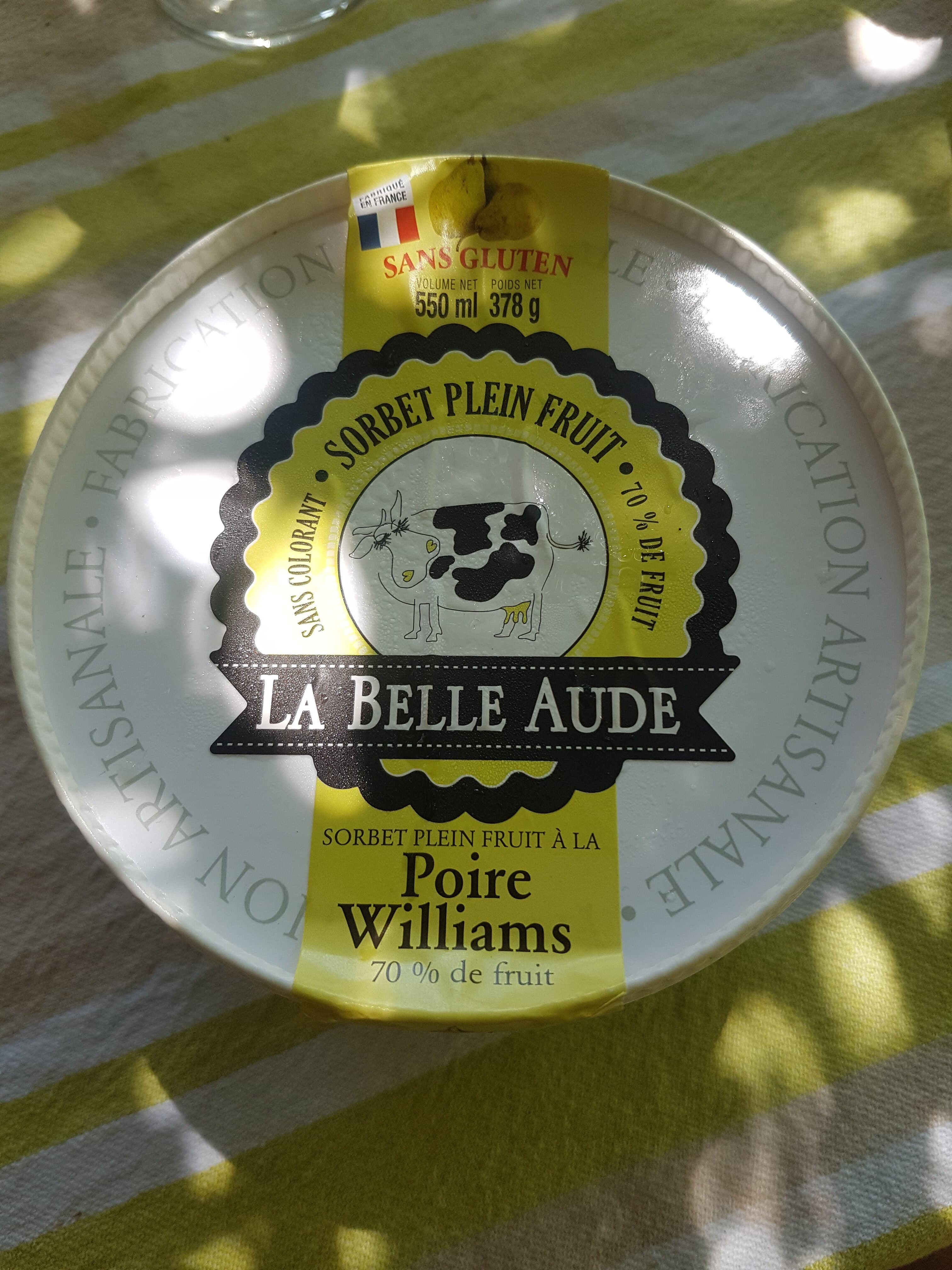 La Belle Aude Sorbet à la poire williams 70% de fruit LA BELLE AUDE, pot de packshot