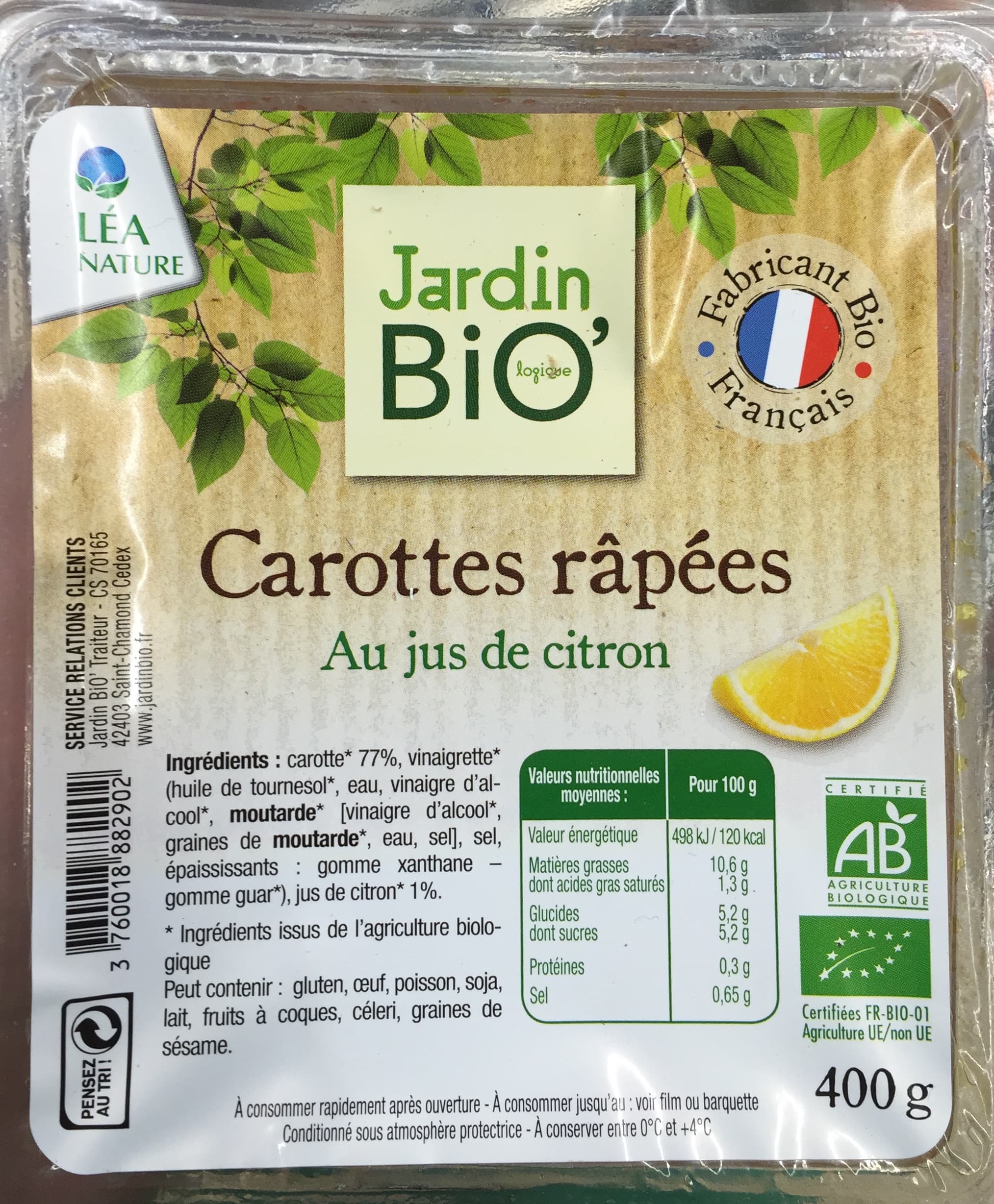 Jardin Bio Carottes râpées au jus de citron packshot