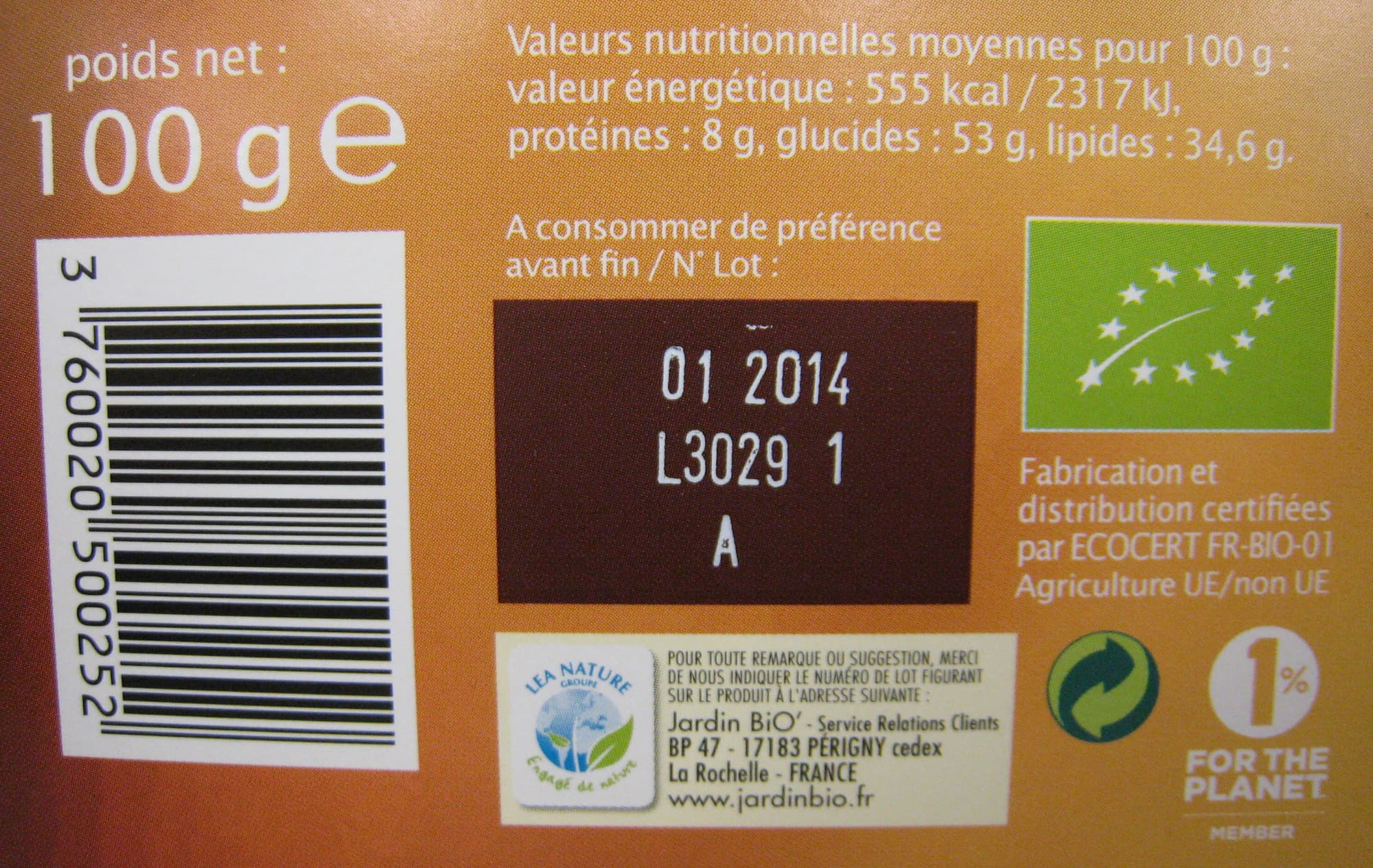 Jardin Bio Chocolat Lait noisette Jardin Bio packshot