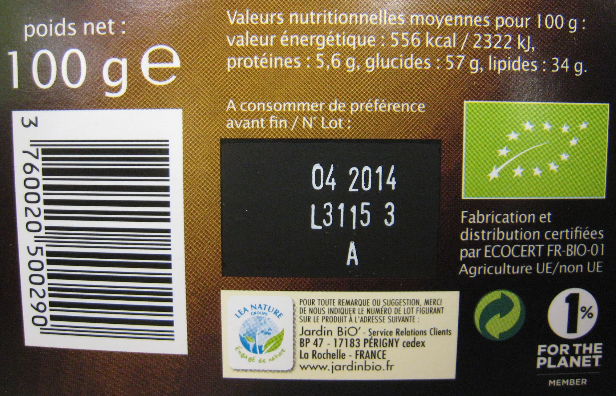 Jardin Bio Chocolat noir citron bio packshot