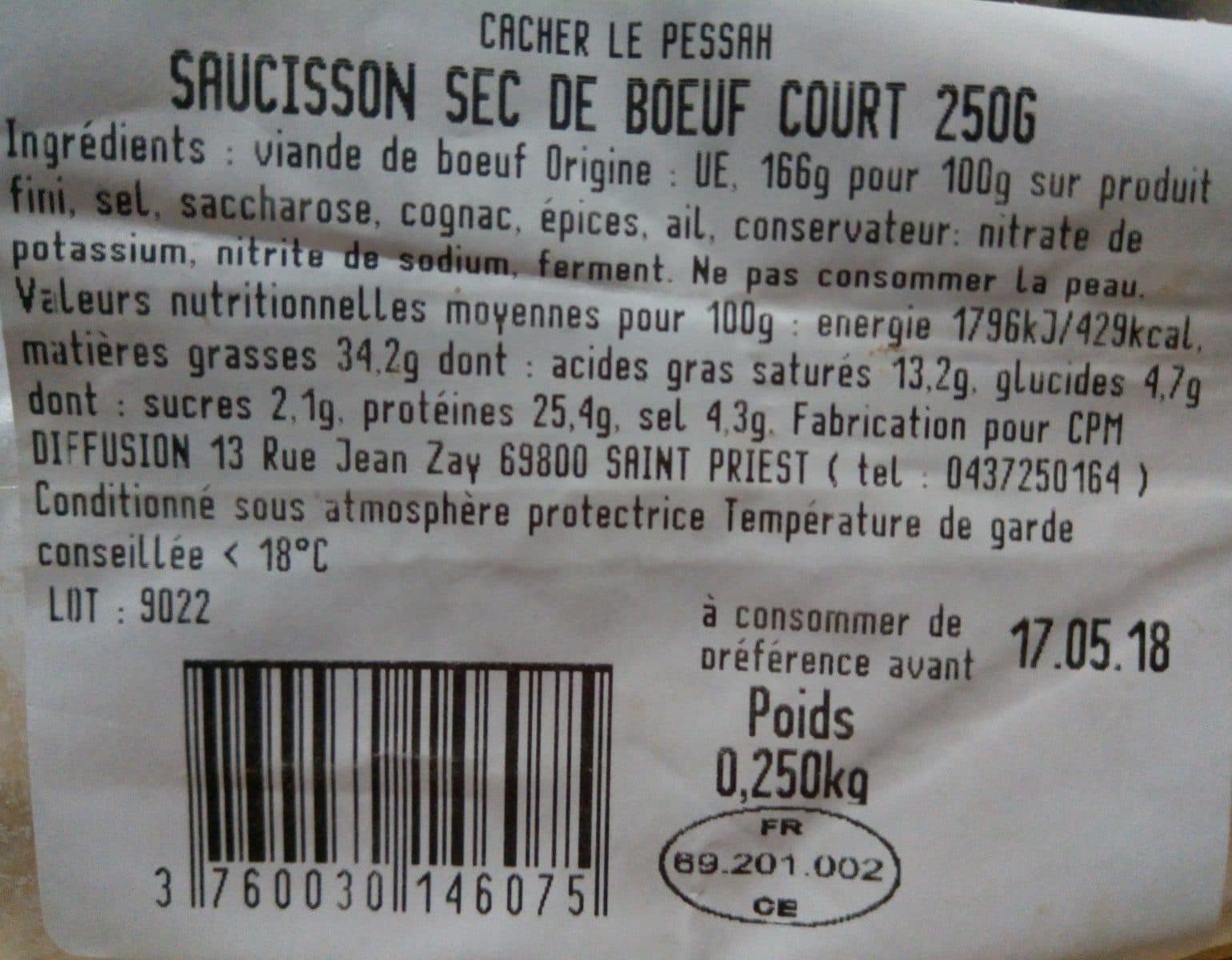 Open Food Facts Saucisson sec de boeuf court 250g packshot