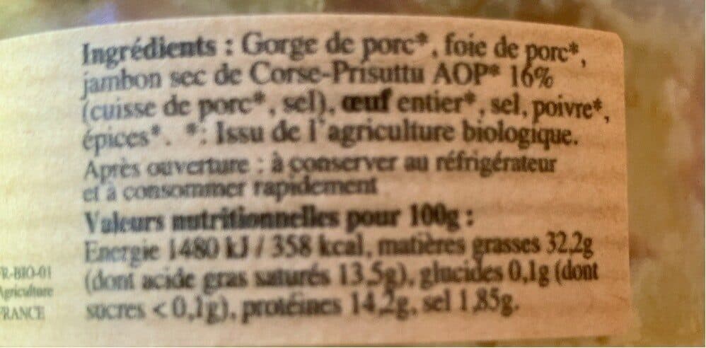 Open Food Facts Terrine bio jambon sec de corse aop packshot